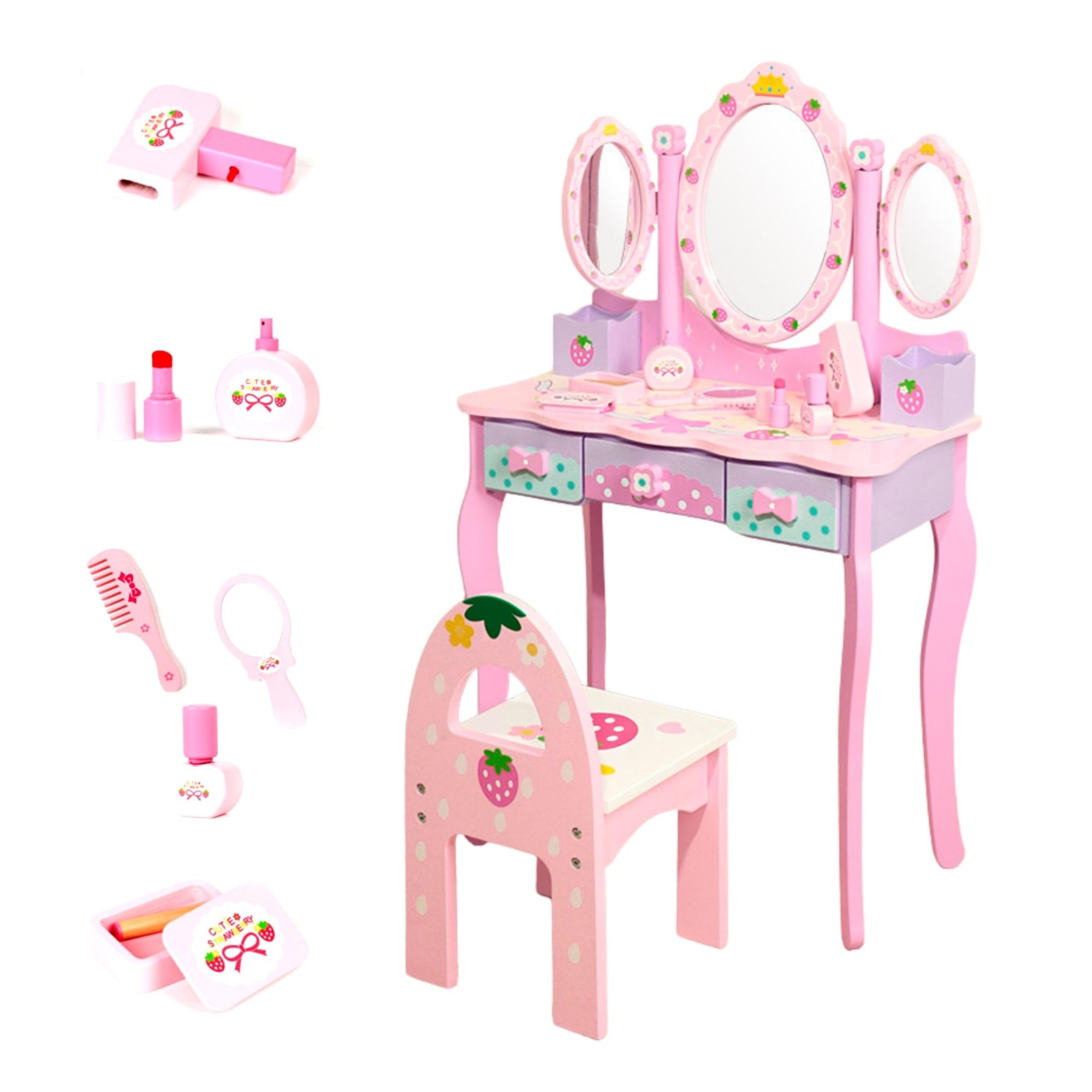 Tocador Infantil de Madera con Taburete y Cajones. Mesa de Maquillaje para Niñas con Accesorios y Espejo Plegable. Juego de Tocador de Maquillaje y Silla para Niña +3 Años, para Regalo de Cumpleaños.