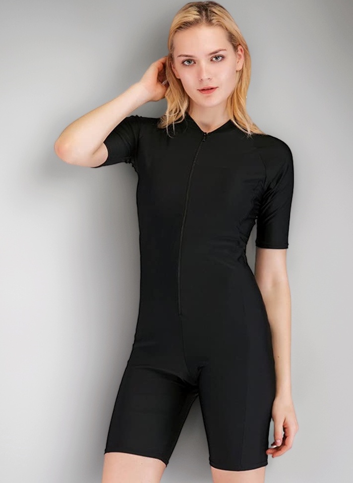 One Piece Swimsuit for Women Girls Short Sleeved Zip Front Rash Guard Surfing Swimsuits Beachwear Modest Swimming Costumes Legsuit Swimwear