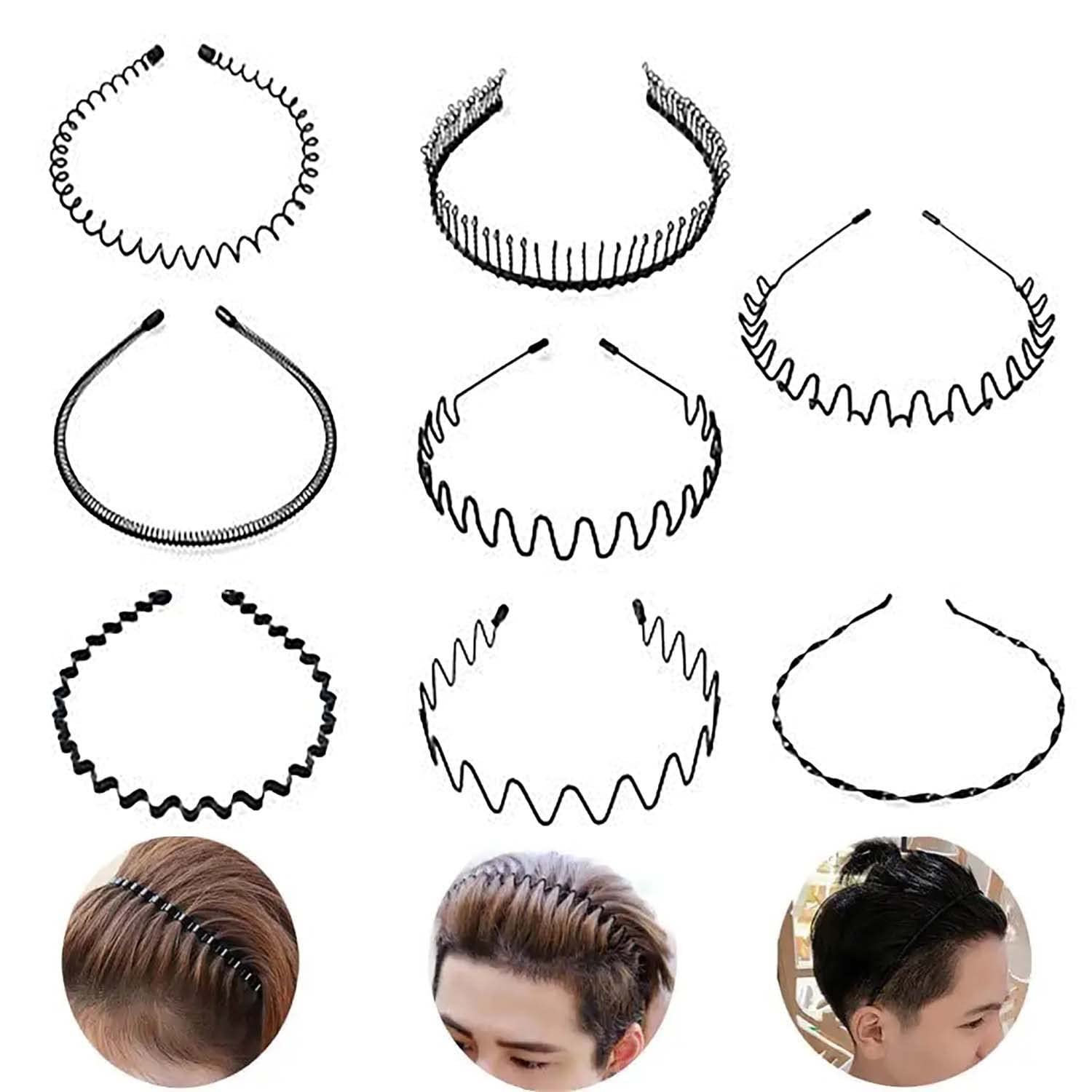 KASTWAVE 8 PCS Hair Hoop Wave-shaped Headband Multi-style Spring Wave Metal Headband Wavy Comb Hair Band Flexible Headband Accessory Accessories for Men and Women in Black