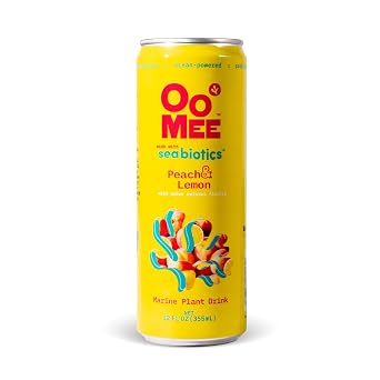 OoMee Prebiotic Drink | Peach & Lemon | Plant-Based Vegan Beverage with Marine-Sourced Agar Prebiotics (Seabiotics) for Digestive & Gut Health Functional Drink 12oz Cans, 12-Pack