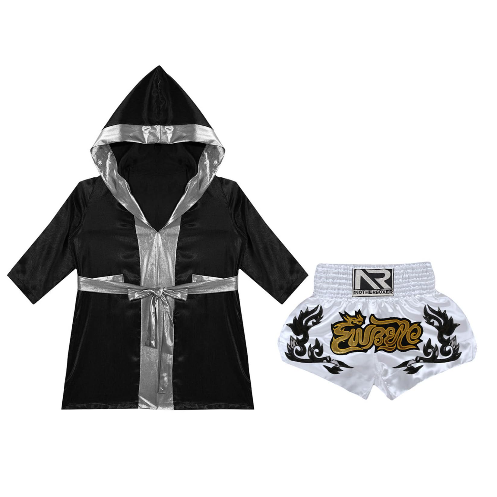 Conjunto de pantalones cortos de boxeo para niño, bata de entrenamiento boxing MMA Muay Thai 5-16 años Negro Plata Blanco