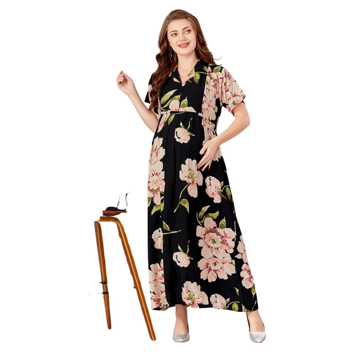 Elegant Floral Printed Rayon Maternity Maxi Dress | 2-Sided Zipper Design with Short Sleeves – Easy Breastfeeding for Pre & Post Pregnancy Women