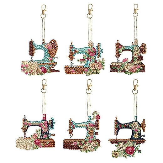 ZOYWEEZOY 6pcs DIY 5D Diamond Painting Keychain Kits Double Sided Special Shape Sewing Machine Diamond Art Key Chain Key Ring Set for Backpack Shoulder Bag Accessories