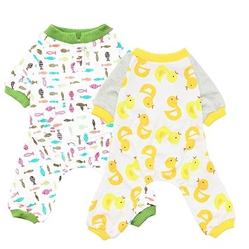 Scheppend 2-Pack Dogs Cats Onesie Pajamas Cotton Puppy Rompers Pet Jumpsuits Cozy Bodysuits, Duck Fish M