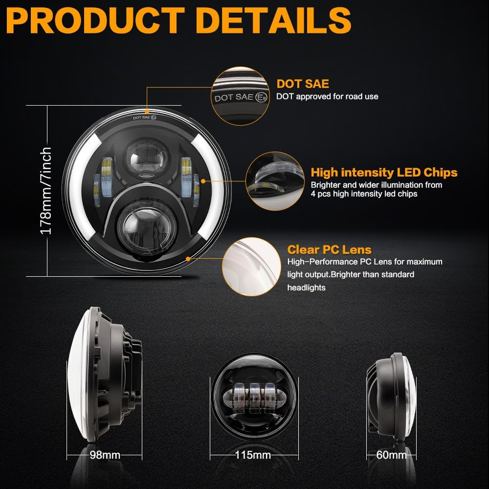7 inch LED Motorcycle Headlight with Amber Turn Signal,Fog Passing Lights DOT Kit Ring for Touring Road King Ultra Classic Electra Street Glide Tri Cvo Heritage Softail Slim Deluxe Fatboy
