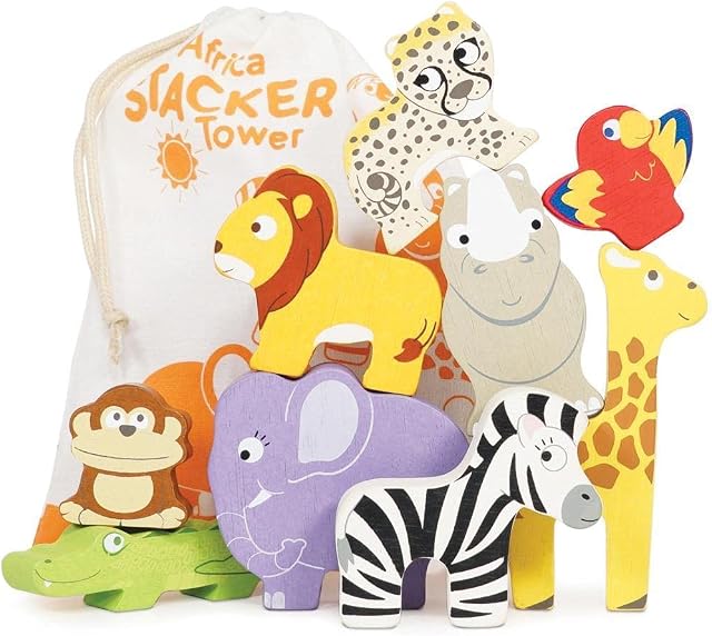 Le Toy Van - Wooden Petilou Africa Stacker Puzzle & Bag - Toddler Toys - Baby Gifts - Baby Girl Gift - Baby Boy Gift - Wooden Toys 1 Year Old +