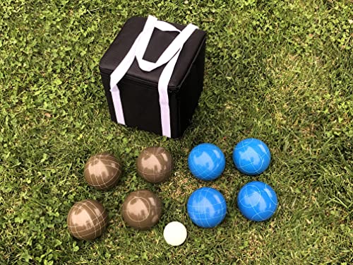 BuyBocceBalls Listing - Unique Bocce Set - 107mm with Olive Brown and Blue Balls, Black Bag
