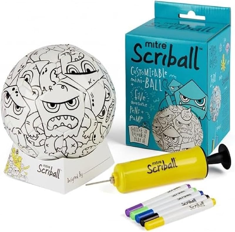 Mitre SCRIBALL Kids Coloring DIY Soccer Ball, Pump, & Display Stand - Mini Soccer Ball with 5 Markers - 3 Fun Character Designs - Creative Soccer Toy for Kids - Ships Deflated