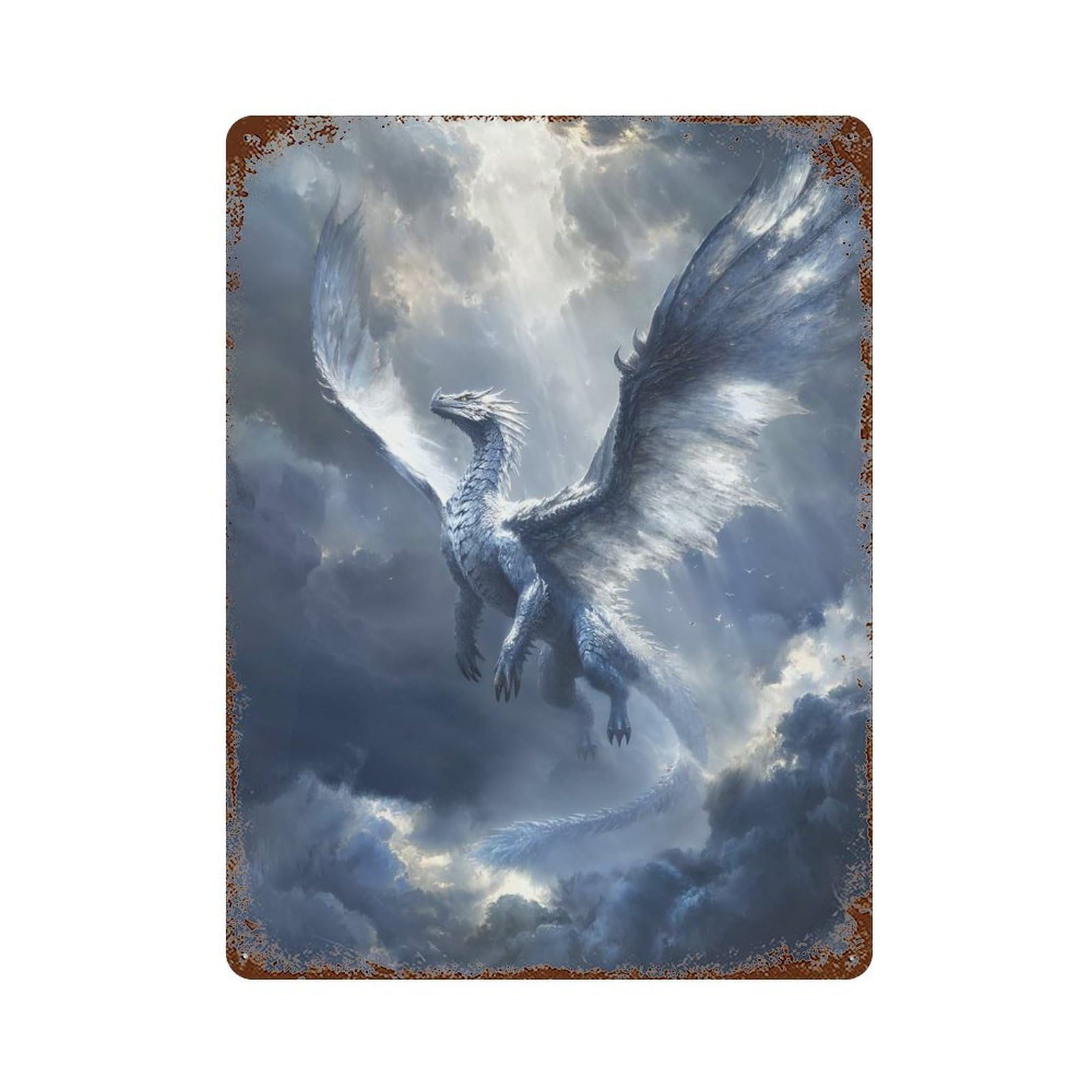 Distressed Metal Wall Sign with Celestial Sky Dragon Design 15.7"x11.8", for Shed, Workshop And Garage Wall Decor, Decorative Metal Wall Art