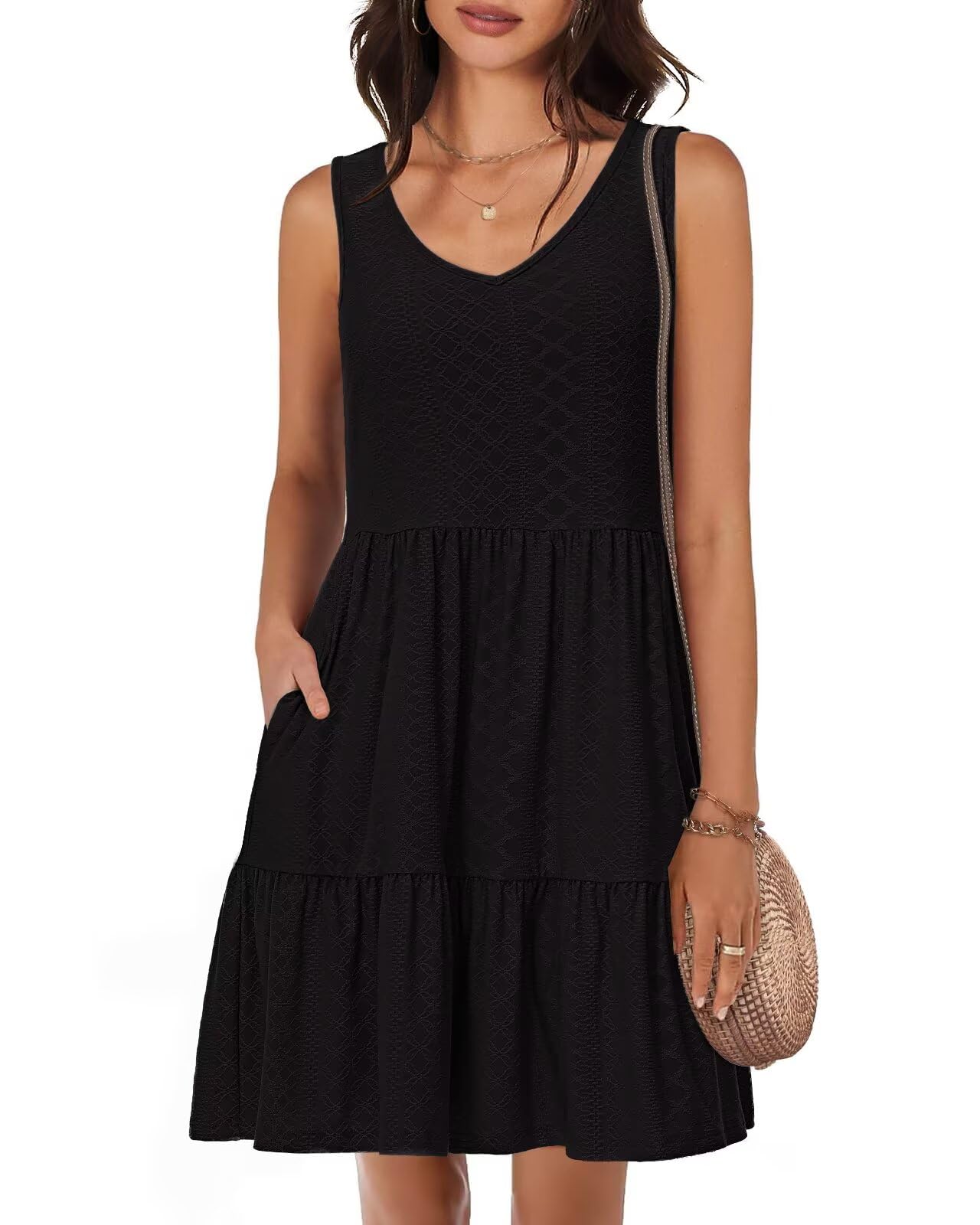 Tanmolo Sommerkleid Damen Knielang,V-Ausschnitt Taschen | Kleid Damen Sommer Kurz, Strandkleid, ärmellos. Swing, elastisch, Knielang, Taschen, V-Ausschnitt. Urlaub