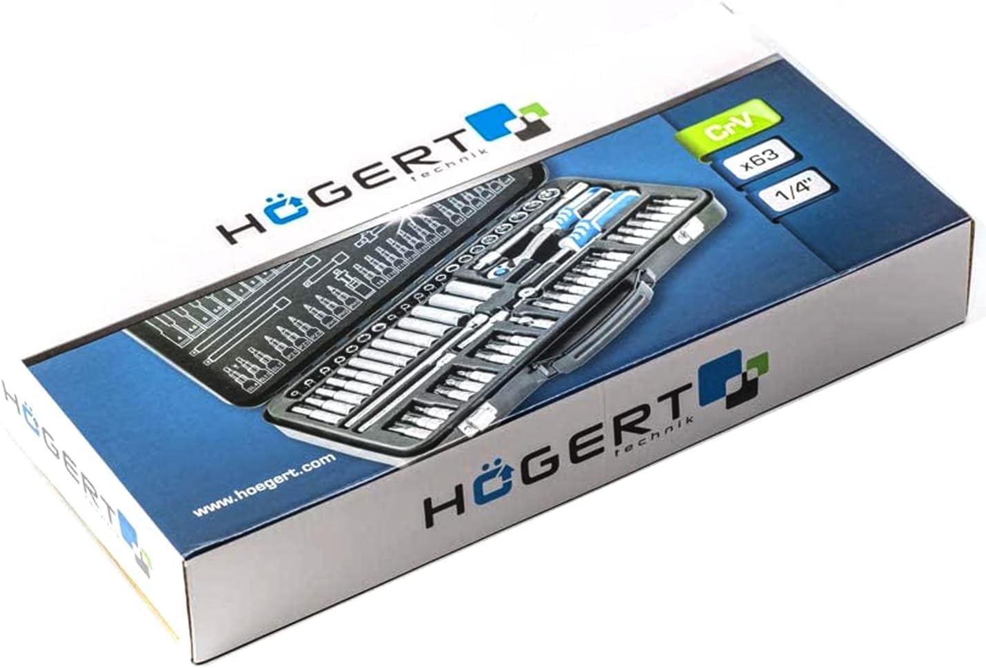 Högert Technik - Set di utensili da 63 pezzi Valigetta portautensili Chiavi a bussola, punte e accessori 1/4” Cr-V Stampato a stampo I Meccanismo a cricchetto con 72 nottolini