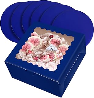 qiqee Caja para tartas de 10 x 10 x 5 pulgadas, 18 juegos de cajas de pastel azul profundo con ventana y 18 juegos de tablas redondas de 10 pulgadas de color azul profundo, recipientes para tartas de
