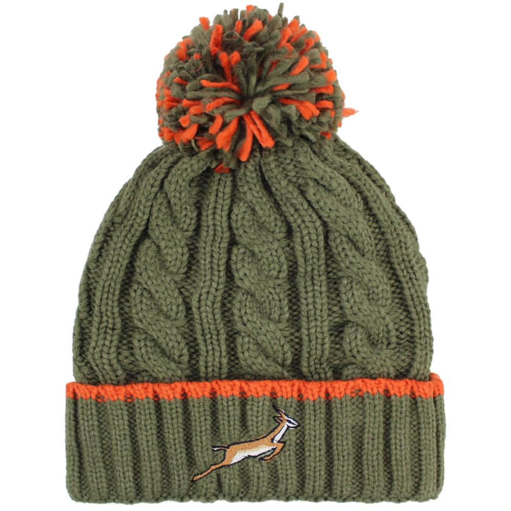 TeddyT's Men's Springbok Chunky Cable Knit Thermal Bobble Hat (Khaki & Orange)
