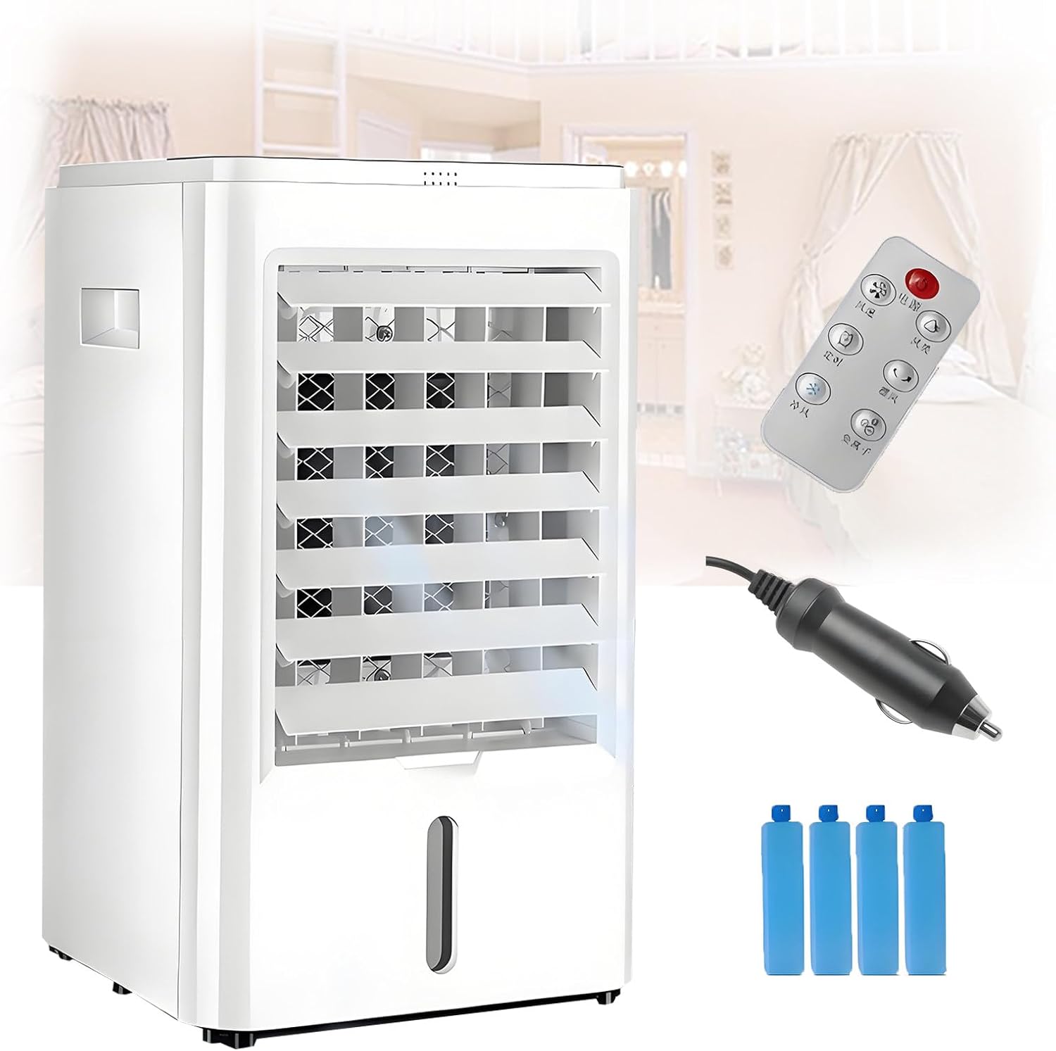 Portable Car Air Cooler Home Car Fan Water Ice Air Conditioner with 3-Speed and 4 Ice Packs Water Cooling Air Conditioning Evaporator for Vehicles Home Office Camping 24VHomeCar