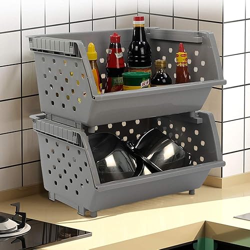 Miniatura 4 de Paquete de 4 cestas apilables de plástico gris para cocina, cesta organizadora apilable