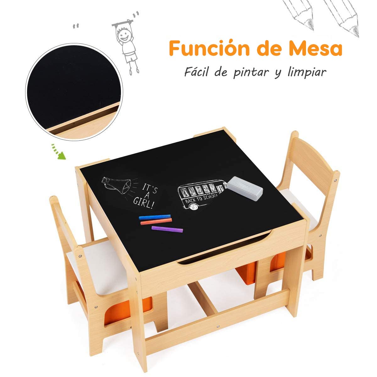 RELAX4LIFE 3 en 1 Juego de Mesa y Silla Infantil con Pizarra y Pizarra Blanca, Mesa Infantil con Sillas y 2 Cajas de Almacenamiento, Mesa Infantil Reversible para Guardería, Sala de Juegos (Naranja)