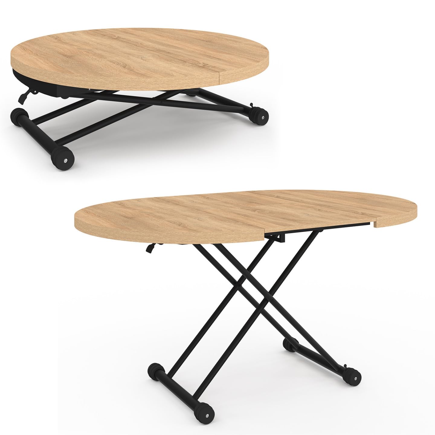IDMarket - Mesa de centro extensible abatible convertible en mesa de comedor redonda ALTURA 100-150 cm de madera y diseño industrial negro