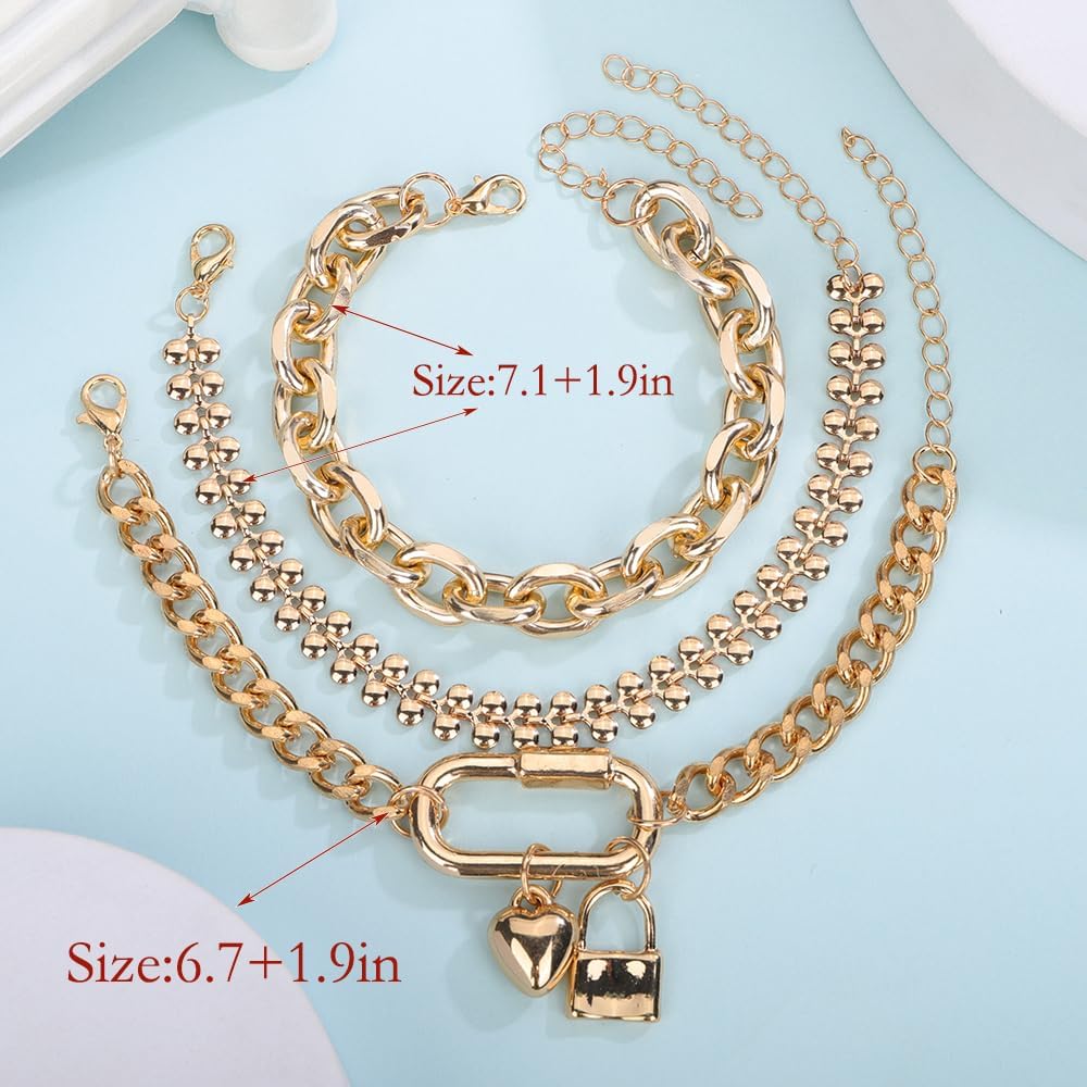 Jumwrit 3pcs Golden Chunky Chain Bracelets Dainty Layered Hand Chain Set with Lock Love Heart Pendant Punk Stackable Cuban Link Flat Cable Chain Bracelets Accessories for Women - Image 7