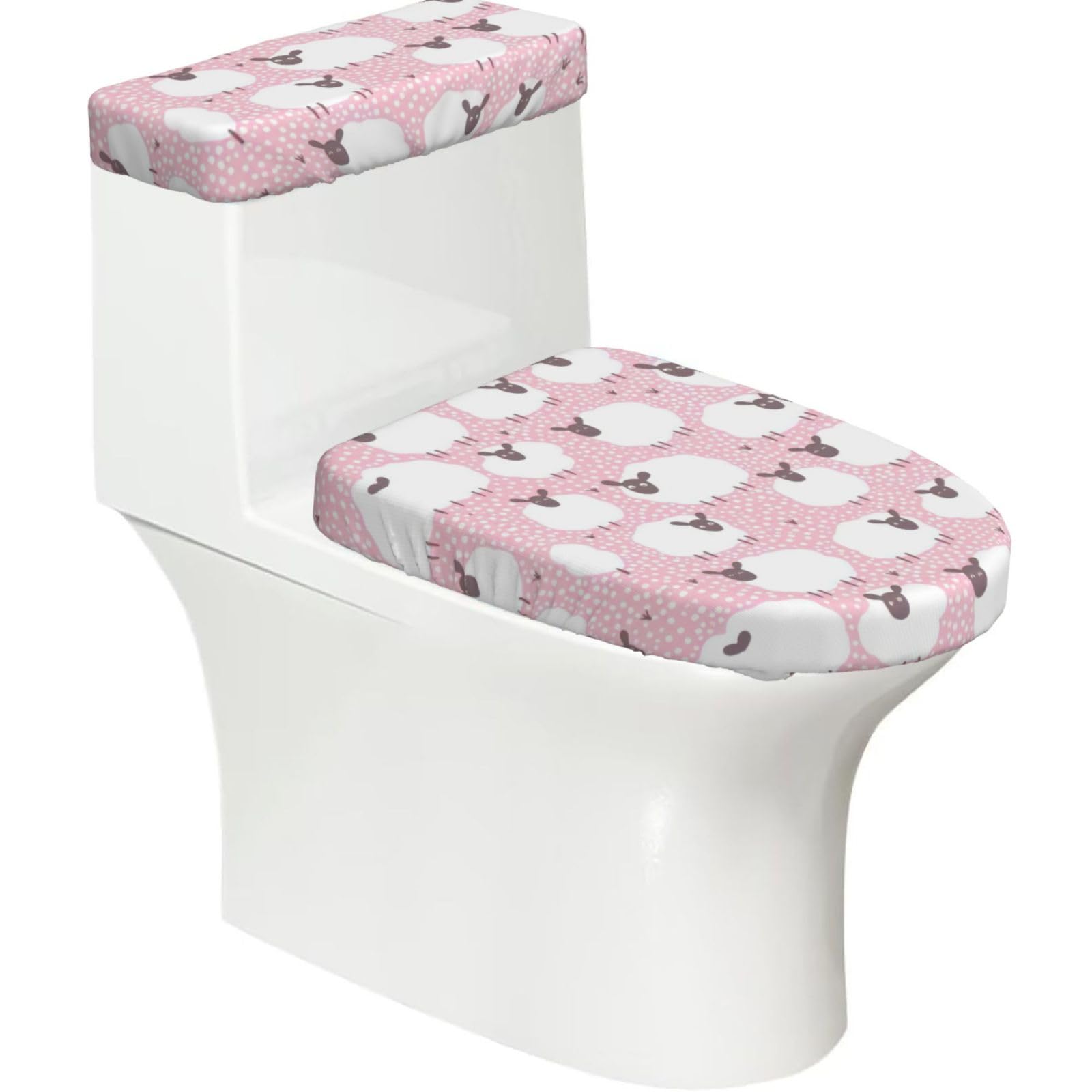 White Sheep On Pink Background Print Bathroom Decor Toilet Lid Cover And Tank Covers, Restroom Accessories Fits Most Round