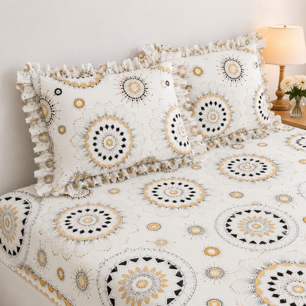 Image of 380 TC Premium Glace Cotton Elastic Fitted Bedsheet King Size with 2 Pillow Covers King Size | Double Bed with All Around Elastic (White Gola, Fitted - 72 inchx78 inch King)