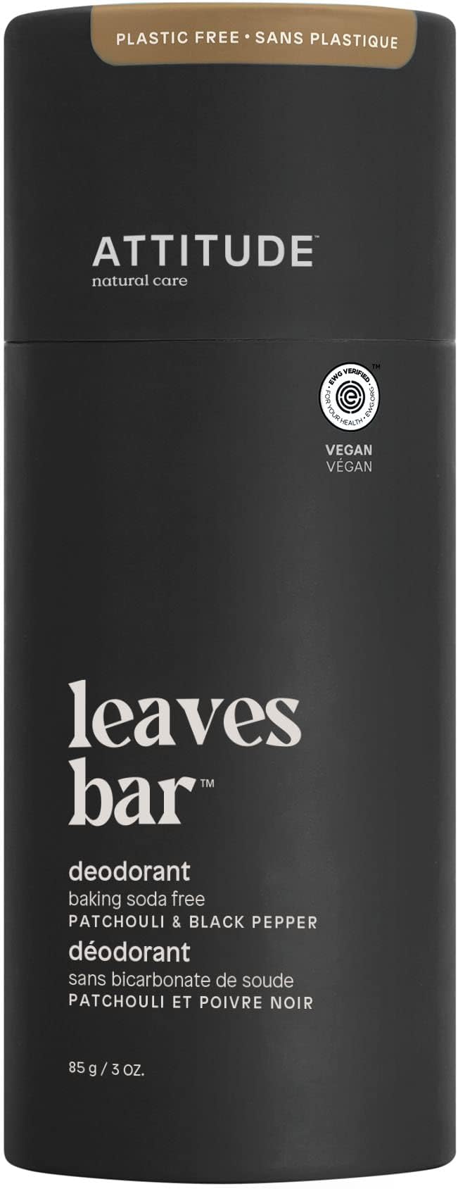 ATTITUDE Plastic-Free Deodorant, Aluminum Free, Baking-Soda Free, EWG Verified Body Care, Vegan and Cruelty-free, Patchouli and Black Pepper, 3 Ounces