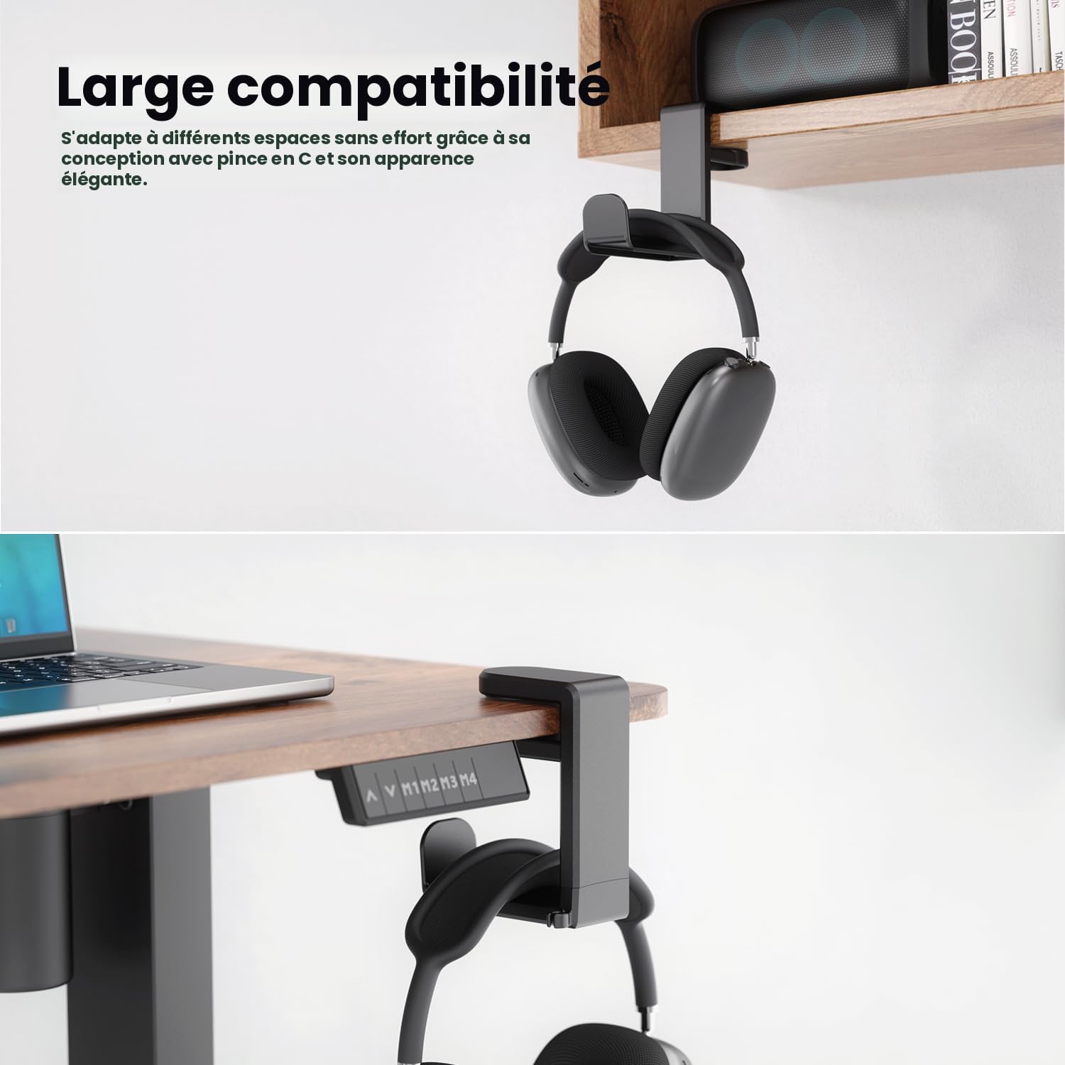 Support Pour Casque Métal Universel - Pince Réglable Pour Bureau - Noir - 2