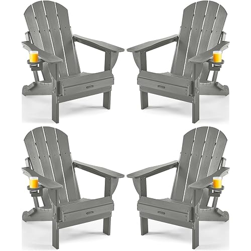 Ciokea Folding Adirondack Chair Wood Texture 4 Pack, Patio Adirondack Chair Weather Resistant, Plastic Fire Pit Chair with Cup Holder, Lawn Chair for Outdoor Porch Garden Backyard Deck (Grey)