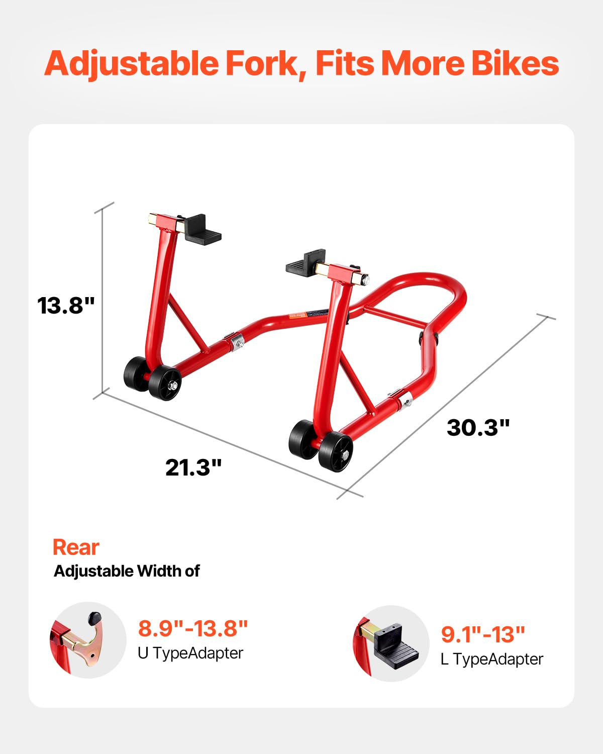 VEVOR Béquille Roue Arrière Capacité de Charge 385,6 kg, Lève Moto avec Fourche U et L, Bras Oscillant, Béquille d’Atelier Réglable pour Suzuki, Yamaha, Honda, Kawasaki, pour Entretien Montage, Rouge