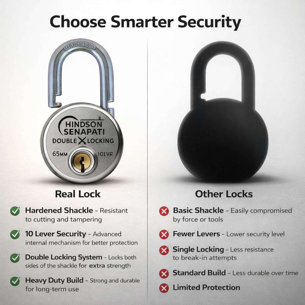 HINDSON Senapati 65mm Double Locking Padlock with 10 Lever Security and 4 Keys, Heavy Duty Lock and Key for Home, Door, Gate and Outdoor Use — Amazon image 7