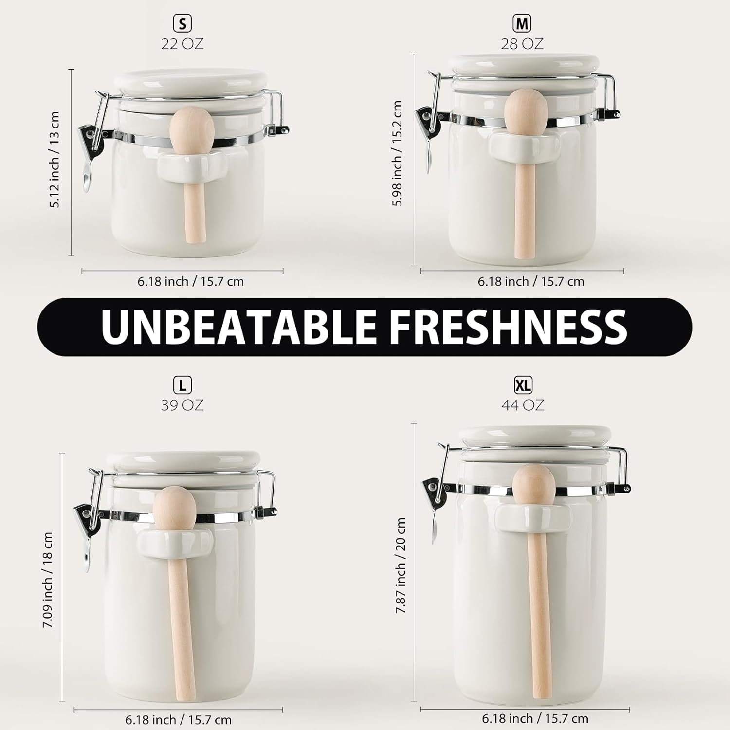 4-Piece Airtight Ceramic Canisters Set with Wooden Spoons & Chalk Labels – Perfect for Coffee, Sugar, Flour, Tea (White) – Stylish & Leakproof Kitchen Storage