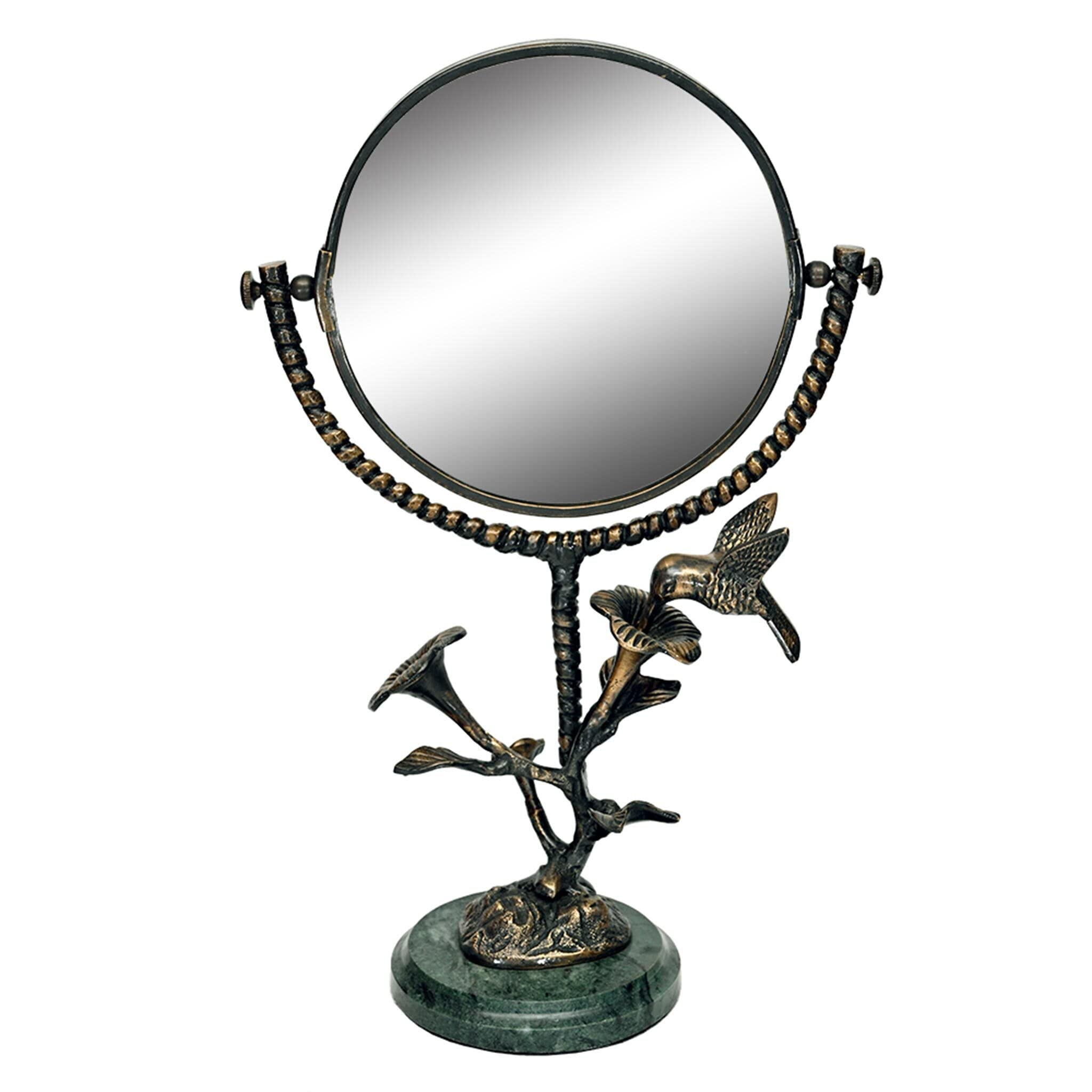 SPI Home Brass and Marble Hummingbird & Flower Tabletop Vanity Mirror