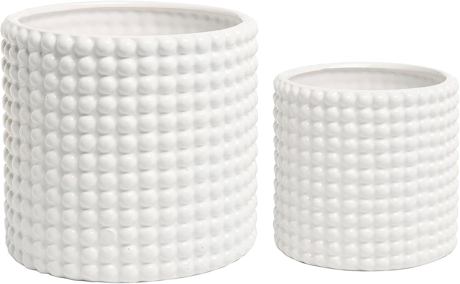MyGift 6 Inch Ceramic Round Planter Pot, Set of 2 Vintage-Style White Ceramic Flower Pots, Indoor Hobnail Textured Cylindrical Succulent Plant Containers