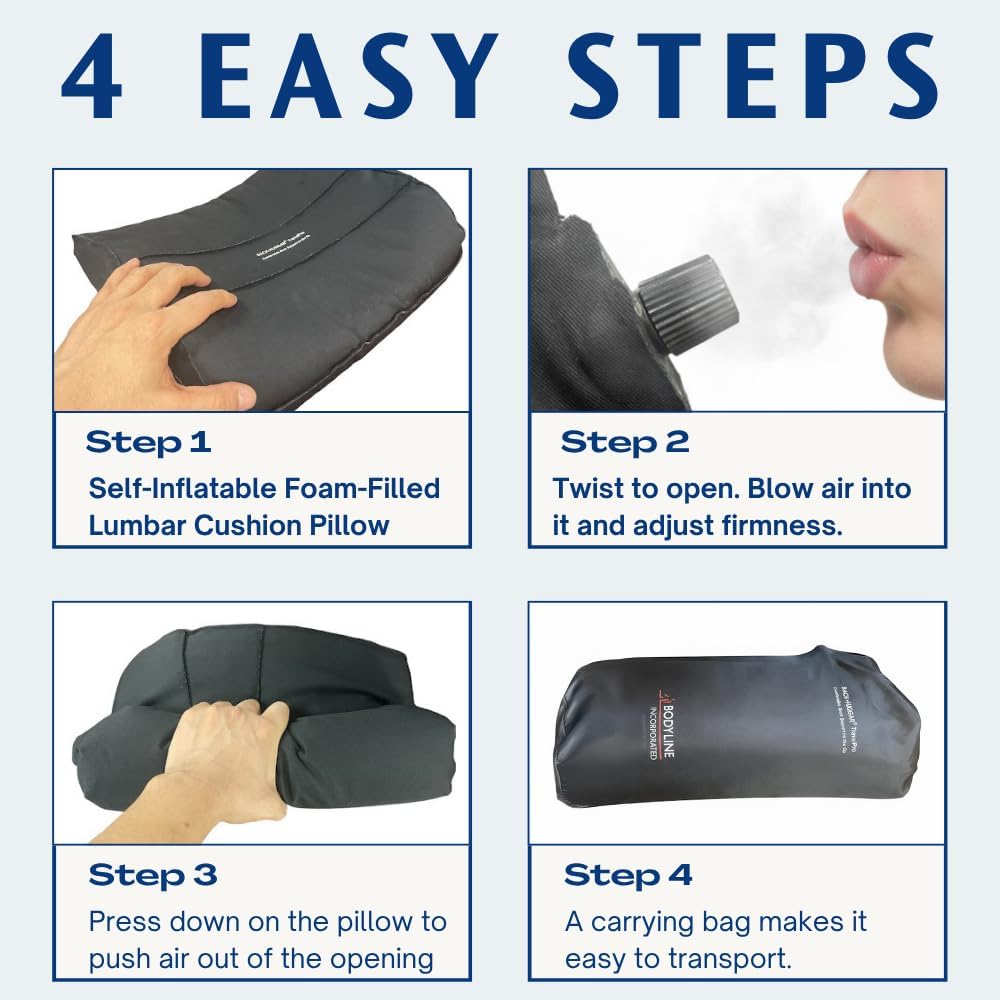 Travel Pro Self-Inflatable Foam Filled Lumbar Cushion Pillow for Airplane Travel, Cars, and Office Chairs and Provides Lumbar Support, Ergonomic Design Adjustable Firmness Carrying Bag