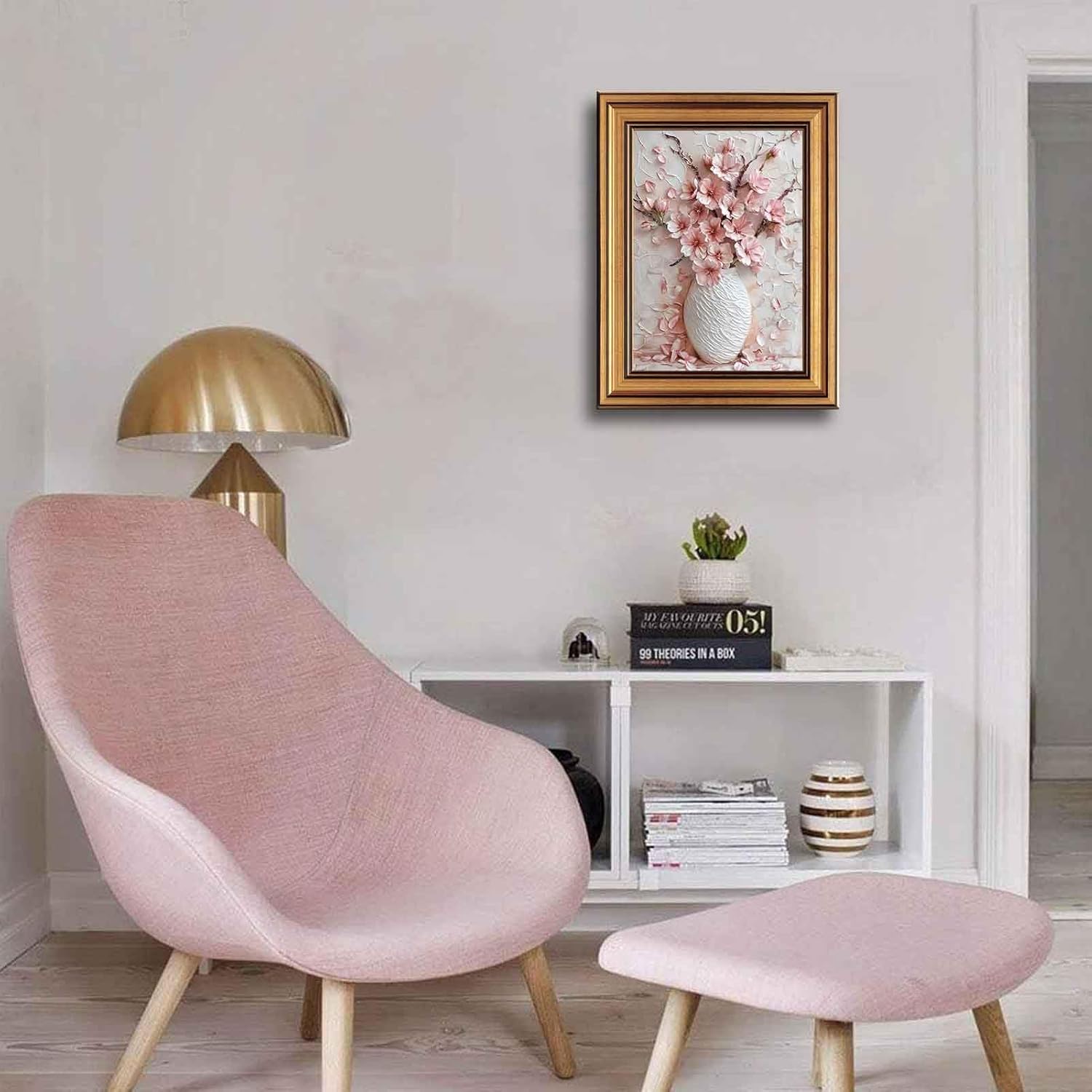 Gold Framed Pink Floral Canvas Wall Art 3D Texture Sakura Flower Botanical painting Decor Picture Cherry blossoms Poster Prints for Living Room Classroom Bedroom office corridor bathroom Decoration