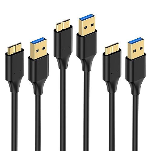 Cable de disco duro USB 3.0 de 1 pie (paquete de 3), cable de carga micro USB a USB A 3.0, enchufes chapados en oro, 5Gbps de alta velocidad,