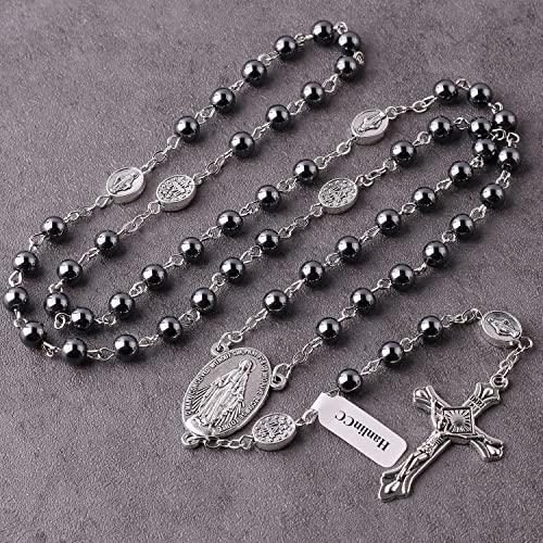 Hanlincc 6Mm Hematite Black Stone Beads Miraculous Rosary Necklace With Cross Metal Gift Box Ofr Men And Women #TOP7