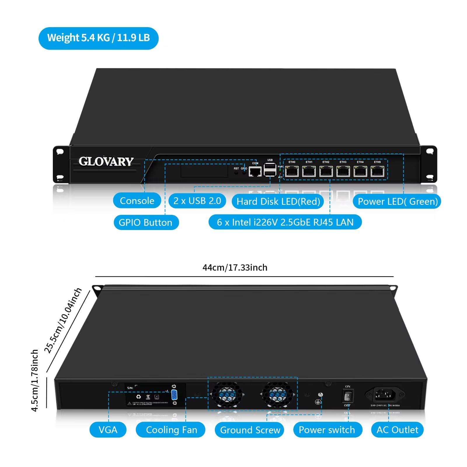 1U Rackmount Firewall i3 3110M, 6 x i226V 2.5GbE LAN OPNsense Hardware, U6, AES-NI, Barebone, 19 Zoll Heimlabor Router PC, Netzwerk Firewall Appliance, VGA, COM
