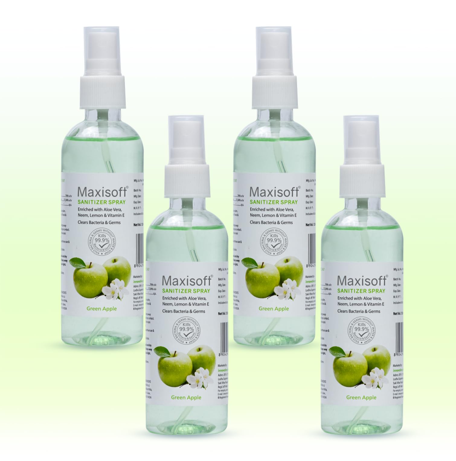 Maxisoft Hand Sanitizer Spray (120 ml)|With Aloe Vera, Lemon, Neem, Vitamin E & Glycerine|Paraben Free|Gentle on skin, tough on germs|(120 ml) (Green Apple, Pack of 4 (120ML X 4))