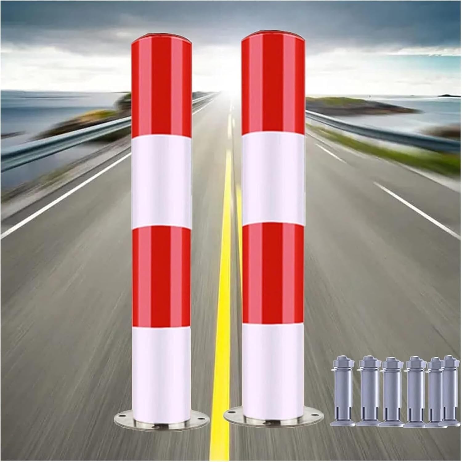 Reflective Safety Cones Set of 2-60cm Traffic Delineator Posts with Free Anchor Bolts - Ideal for Parking, Road Safety, and Security Barriers