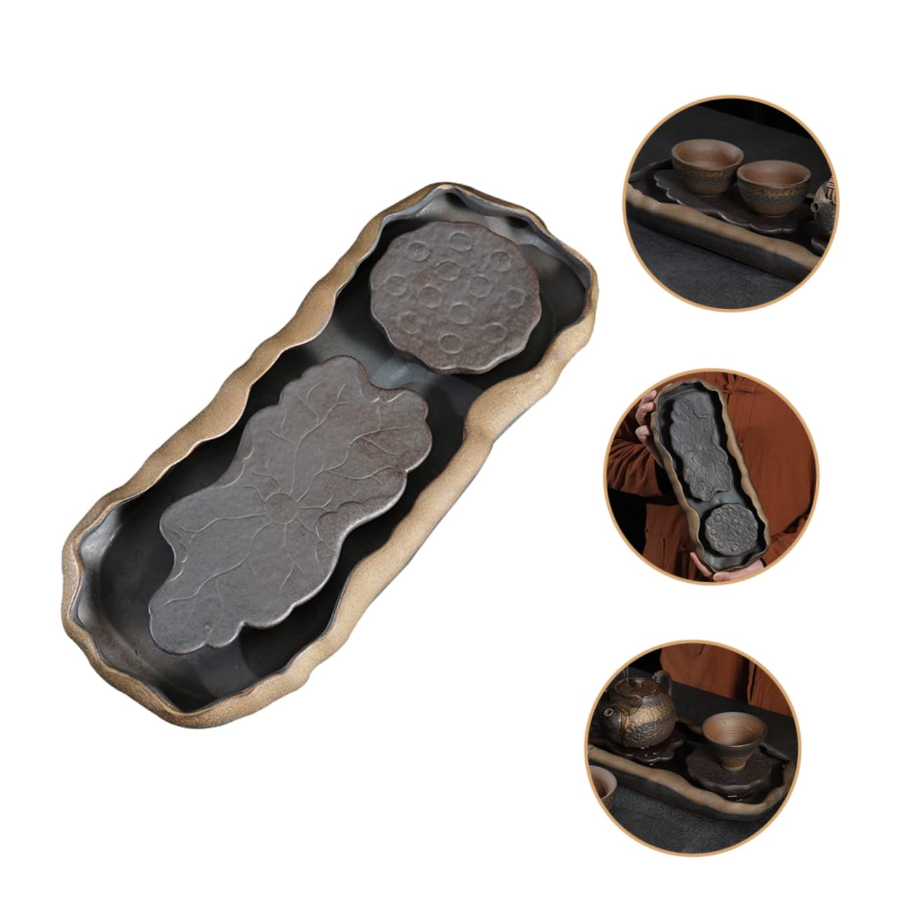 GRIRIW 1pc Ceramic Tea Table Pot Tray Chinese Teapot Ceramic Serving Tray Asian Tea Set Tea Cup Drainer Trays for Coffee Table Asian Tea Set with Tray Water Storage Drainage Tea Tray Zen