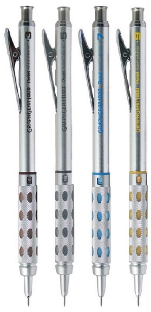 Pentel różne rozmiary Graphgear 1000 automatyczny profesjonalny zestaw ołówków mechanicznych gumowy uchwyt do wielokrotnego napełniania chowany (1 każdy rozmiar - 4 długopisy - 0,3 mm, 0,5, 0,7 i 0,9
