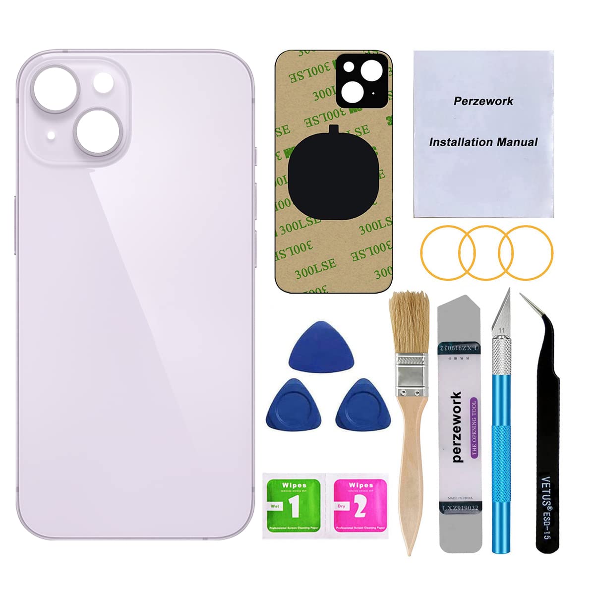 Rear Back Glass Replacement for iPhone 14 6.1 inches with Reparing Toolkit and Pre-Installed Adhesive (Purple)