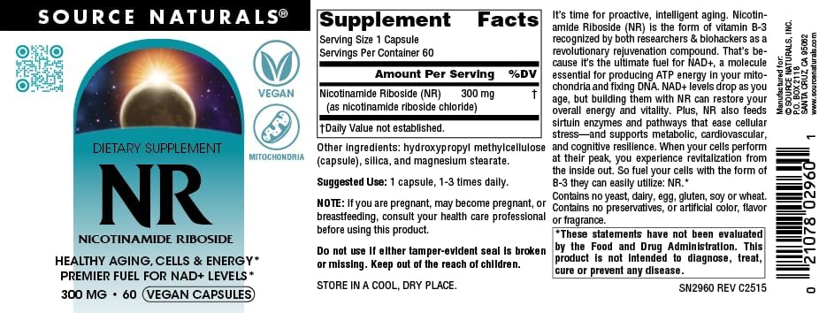 Miniatura 5 de Source Naturals NR, ribósido de nicotinamida, suplemento dietético vegano para mitocondrias, envejecimiento saludable, células y energía*,
