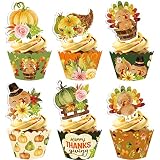 Thanksgiving Cupcake Topper and Wrappers 32 Sets Fall Harvest Cupcake Decoration Pumpkin Turkey Day
