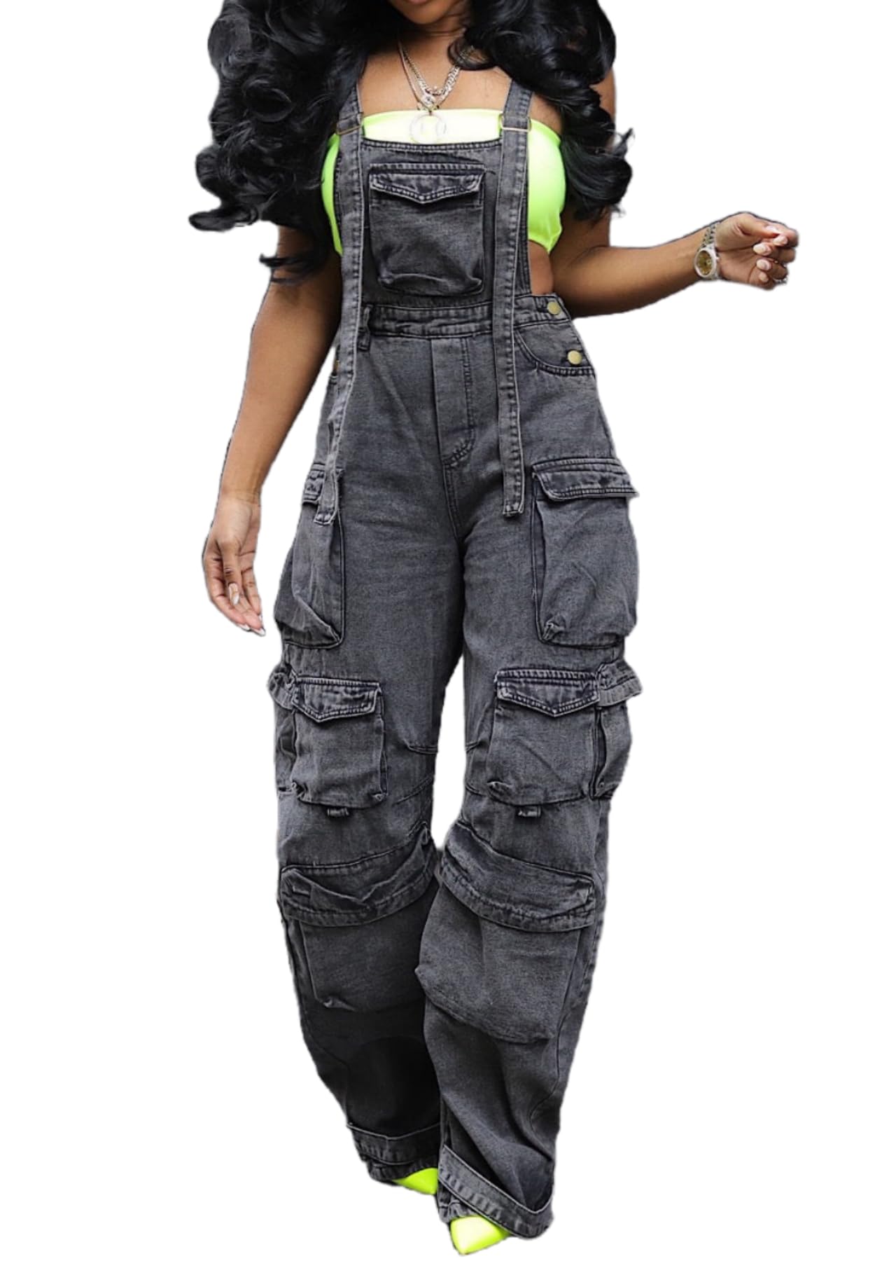 Vaceky Baggy Cargo Denim Overalls Women Adjustable Bib Apron Pants with Side Buttons, Multi-pockets