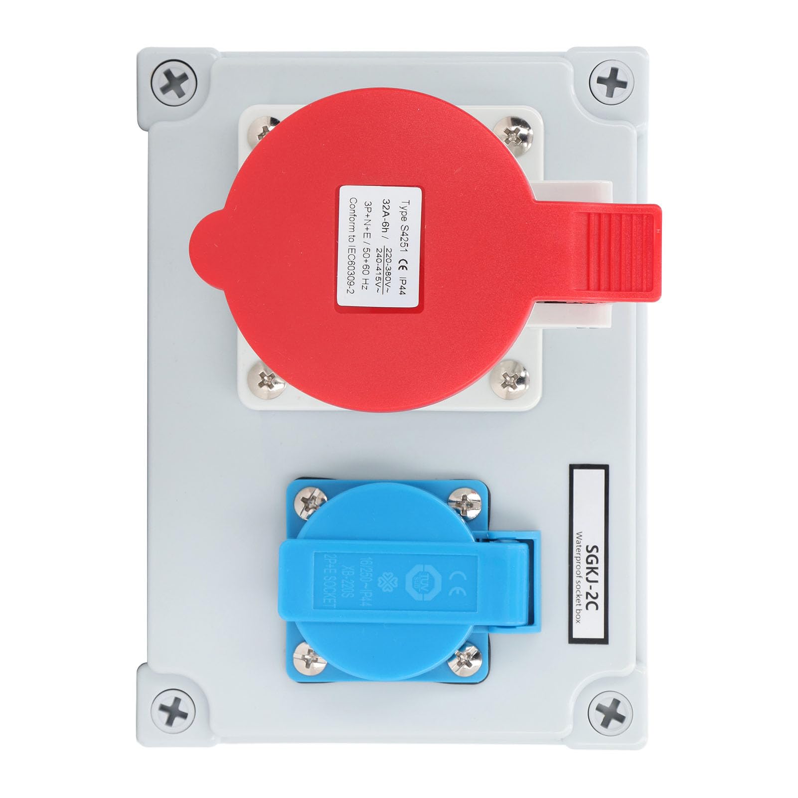 Presa a Muro Esterna IP44 Stagna con Presa Europea 16A e Connessione CEE 5 Poli 32A per Giardino, Garage, Bagno, Cantiere – Scatola Protetta Resistente all'Acqua