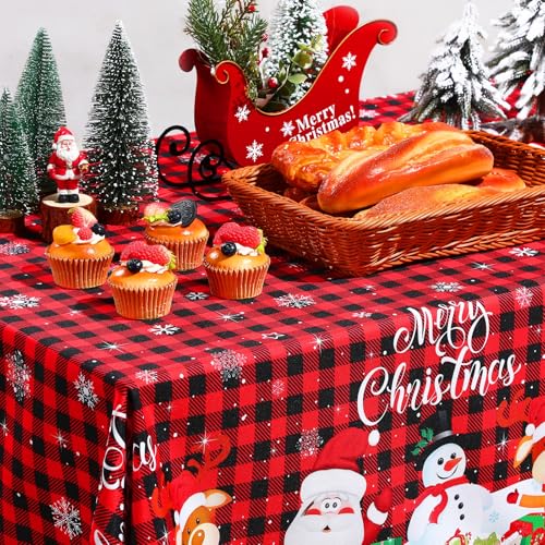 Tiamon Christmas Tablecloth Table Cover 60 x 84 Inch for Rectangle Table, Washable Red Buffalo Plaid Snowman Santa Claus Cover Decorations for Xmas Winter Holiday Party Supplies – Image 5
