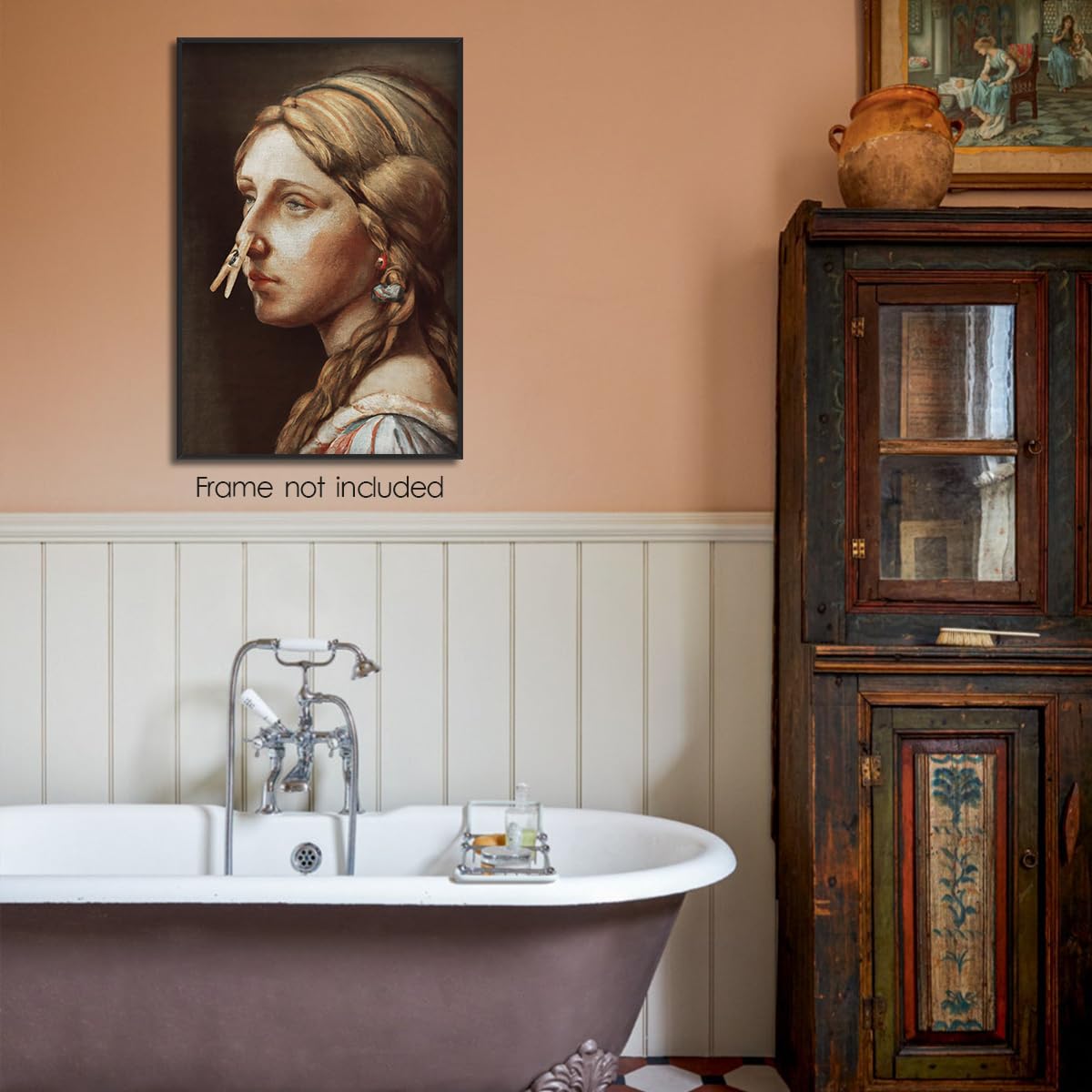Classical Girl With Clothespin Painting Canvas Wall Art, Vintage Funny Bathroom Poster, Humor Amusing Toilet Art Prints - Image 4