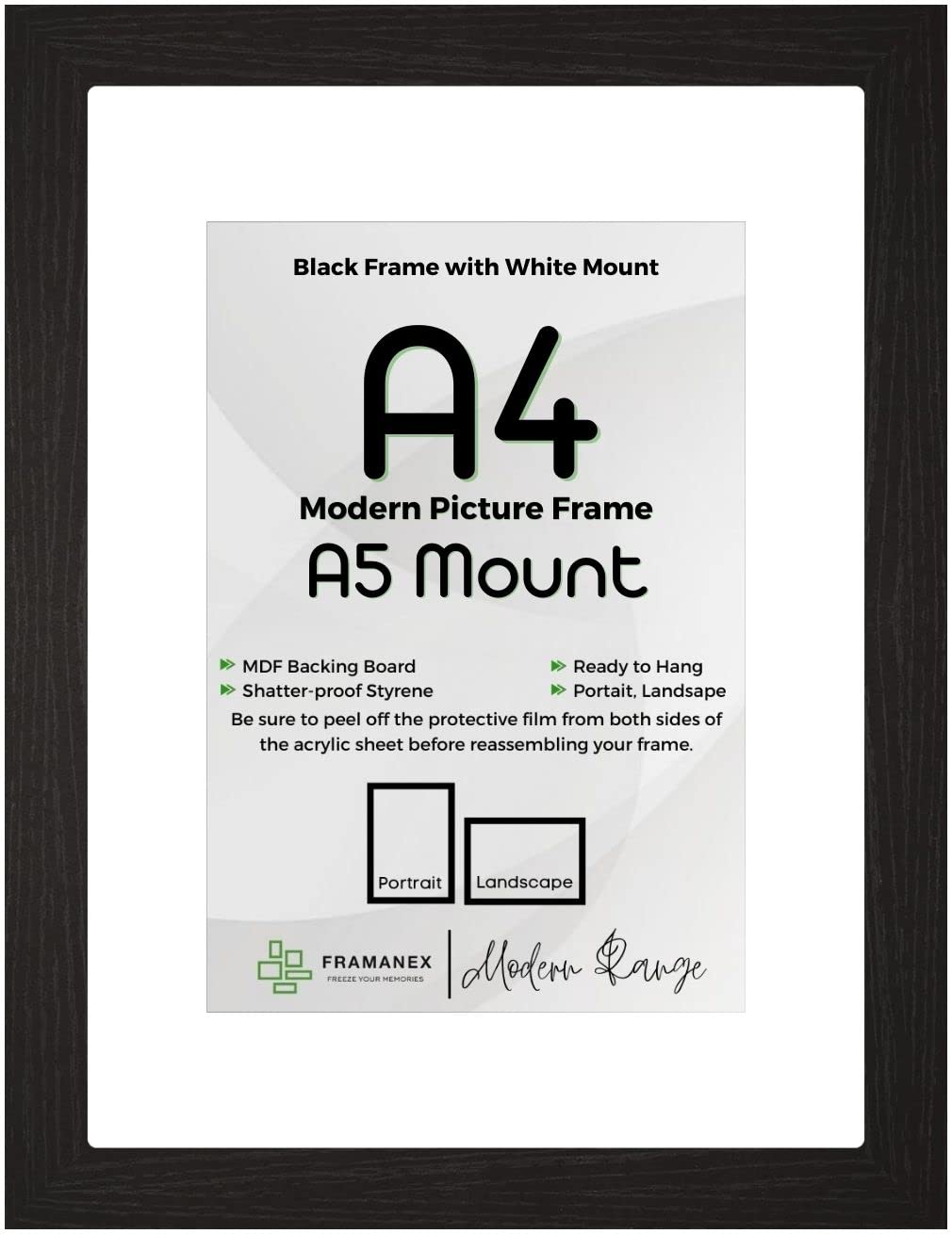 FRAMANEX BLACK Large A4 Picture Poster Frame Size 8.3 X 11.7 inch, 21 X 29.7cm, 210 X 297mm with White mount to fit image print size A5, 6 X 8 inches, 15 X 20cm, 150 X 200mm [BLACK A4/A5 Frame]