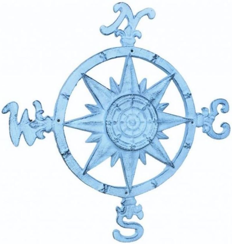 Rustic Dark Blue Whitewashed Cast Iron Large Compass 19 Inch - Navigation Compass - Nautical Theme